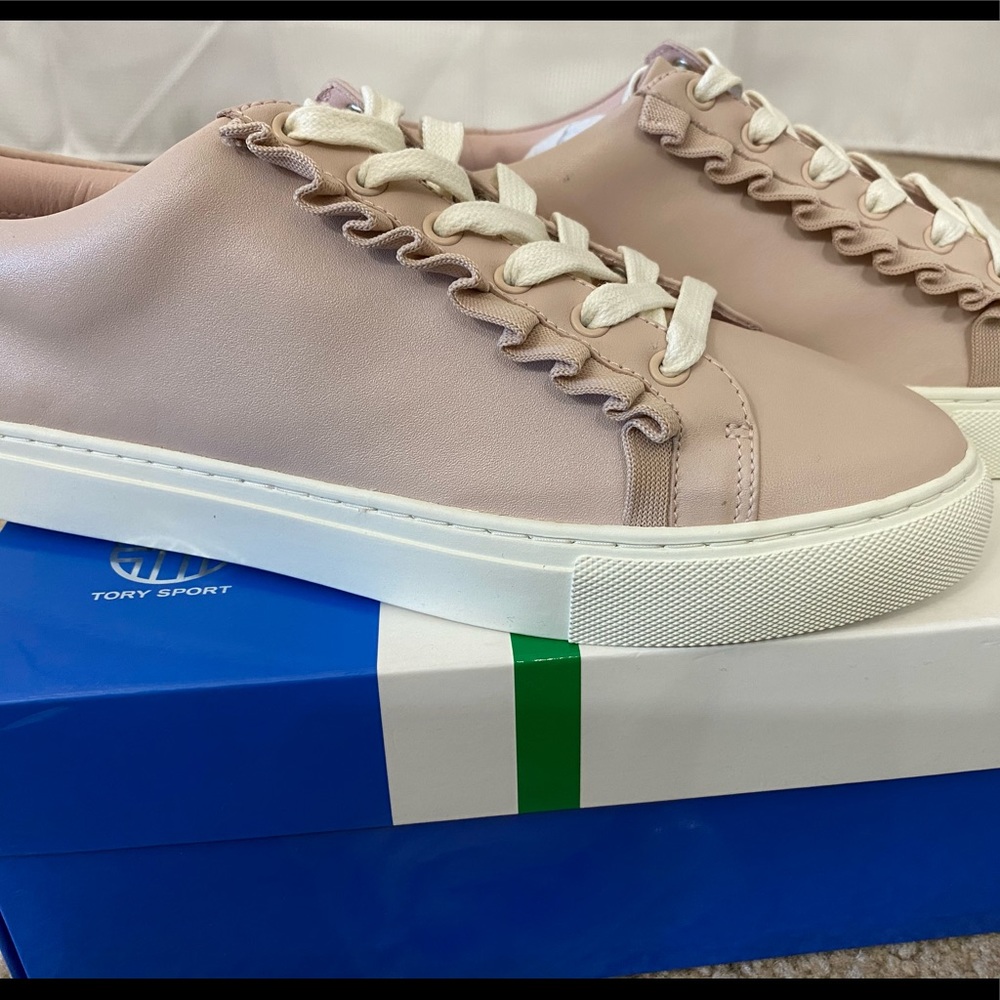 NEW Tory Sport Burch Ruffle Sneaker Pink Leather